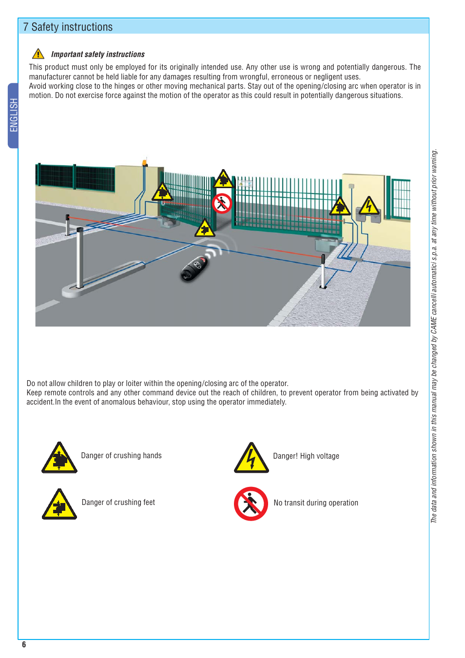 7 safety instructions, English | CAME Frog-A 230v User Manual | Page 6 / 10