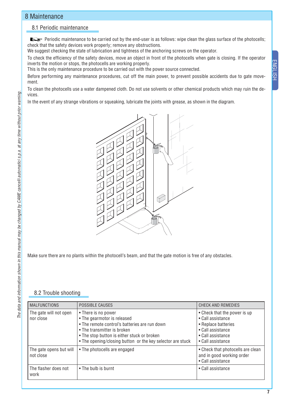 8 maintenance, English, 1 periodic maintenance | 2 trouble shooting | CAME Frog-A 230v User Manual | Page 7 / 10