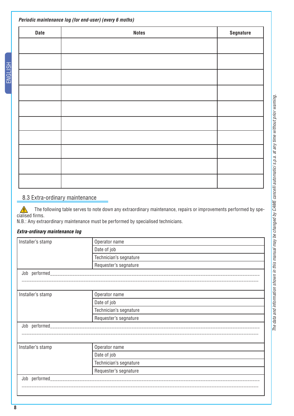 English 8.3 extra-ordinary maintenance | CAME Frog-A 230v User Manual | Page 8 / 10