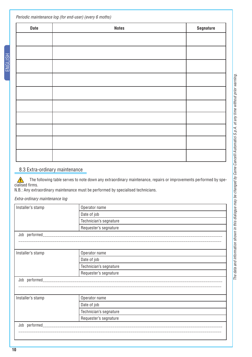 English 8.3 extra-ordinary maintenance | CAME Frog-A 24v User Manual | Page 10 / 12