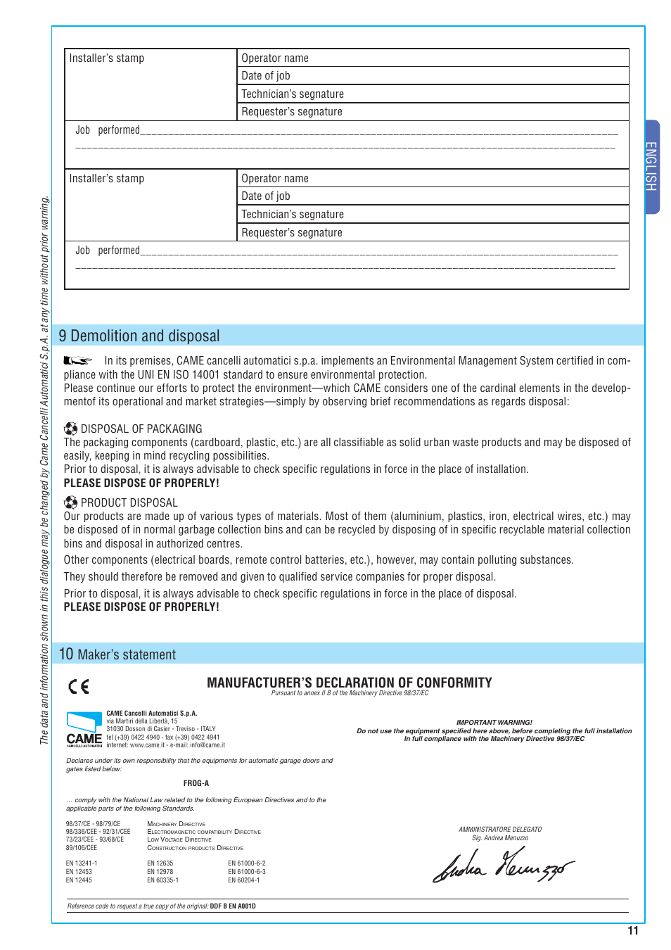 9 demolition and disposal, English, Manufacturer’s declaration of conformity | Maker’s statement | CAME Frog-A 24v User Manual | Page 11 / 12