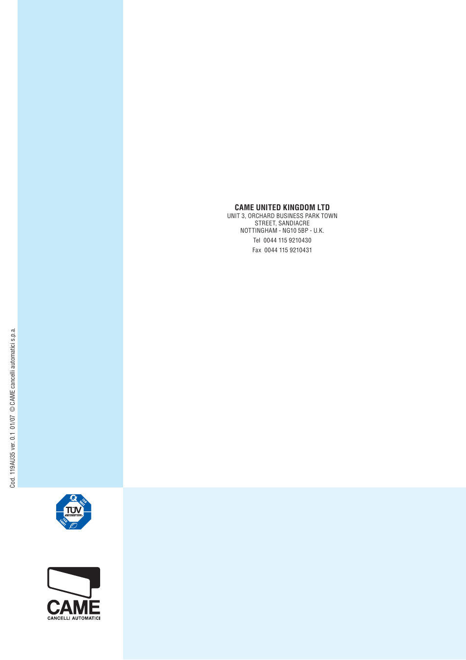 Came united kingdom ltd | CAME Frog-A 24v User Manual | Page 12 / 12