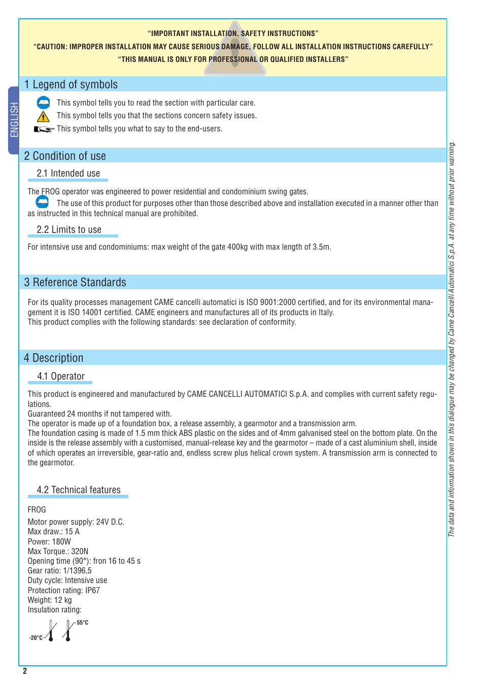 4 description, 1 legend of symbols, 2 condition of use | 3 reference standards, English 4.1 operator, 1 intended use, 2 limits to use, 2 technical features | CAME Frog-A 24v User Manual | Page 2 / 12