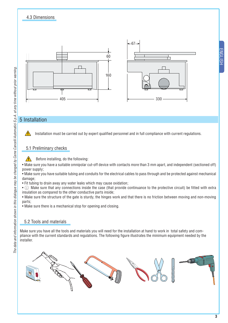 5 installation, English 4.3 dimensions, 2 tools and materials | 1 preliminary checks | CAME Frog-A 24v User Manual | Page 3 / 12