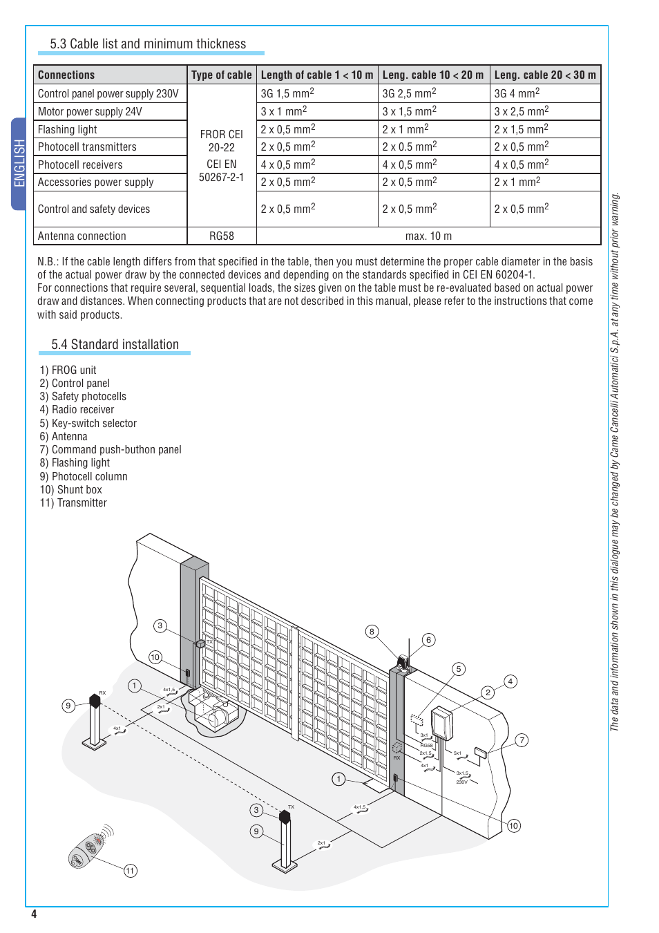 English, 3 cable list and minimum thickness, 4 standard installation | CAME Frog-A 24v User Manual | Page 4 / 12