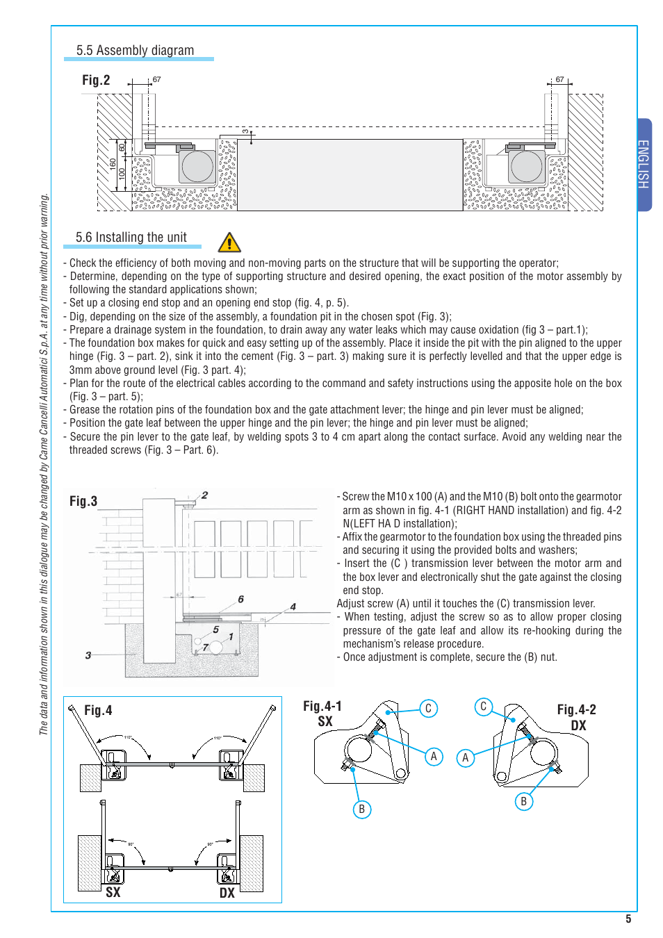 English 5.5 assembly diagram fig.3, 6 installing the unit, Fig.2 | Sx dx | CAME Frog-A 24v User Manual | Page 5 / 12