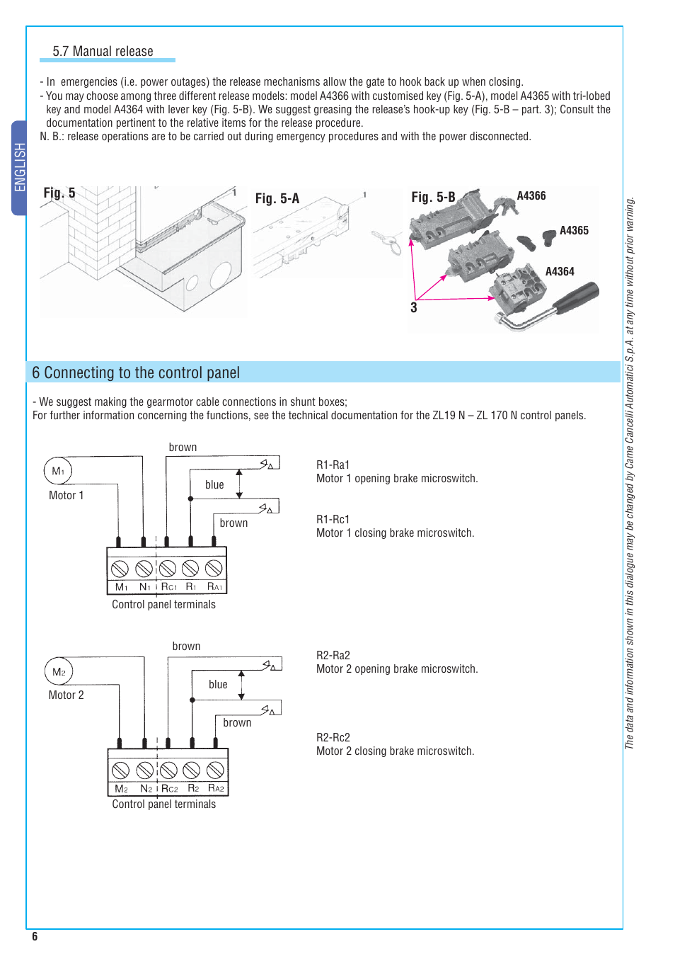 6 connecting to the control panel, English 5.7 manual release, 3fig. 5 fig. 5-a fig. 5-b | CAME Frog-A 24v User Manual | Page 6 / 12
