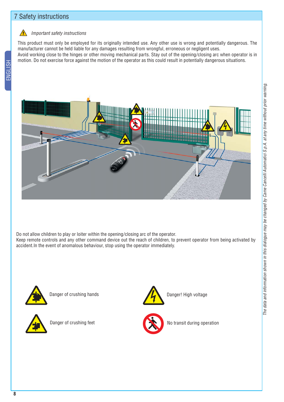 7 safety instructions, English | CAME Frog-A 24v User Manual | Page 8 / 12