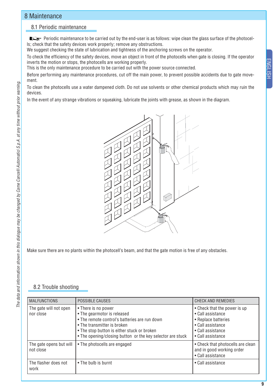 8 maintenance, English, 1 periodic maintenance | 2 trouble shooting | CAME Frog-A 24v User Manual | Page 9 / 12