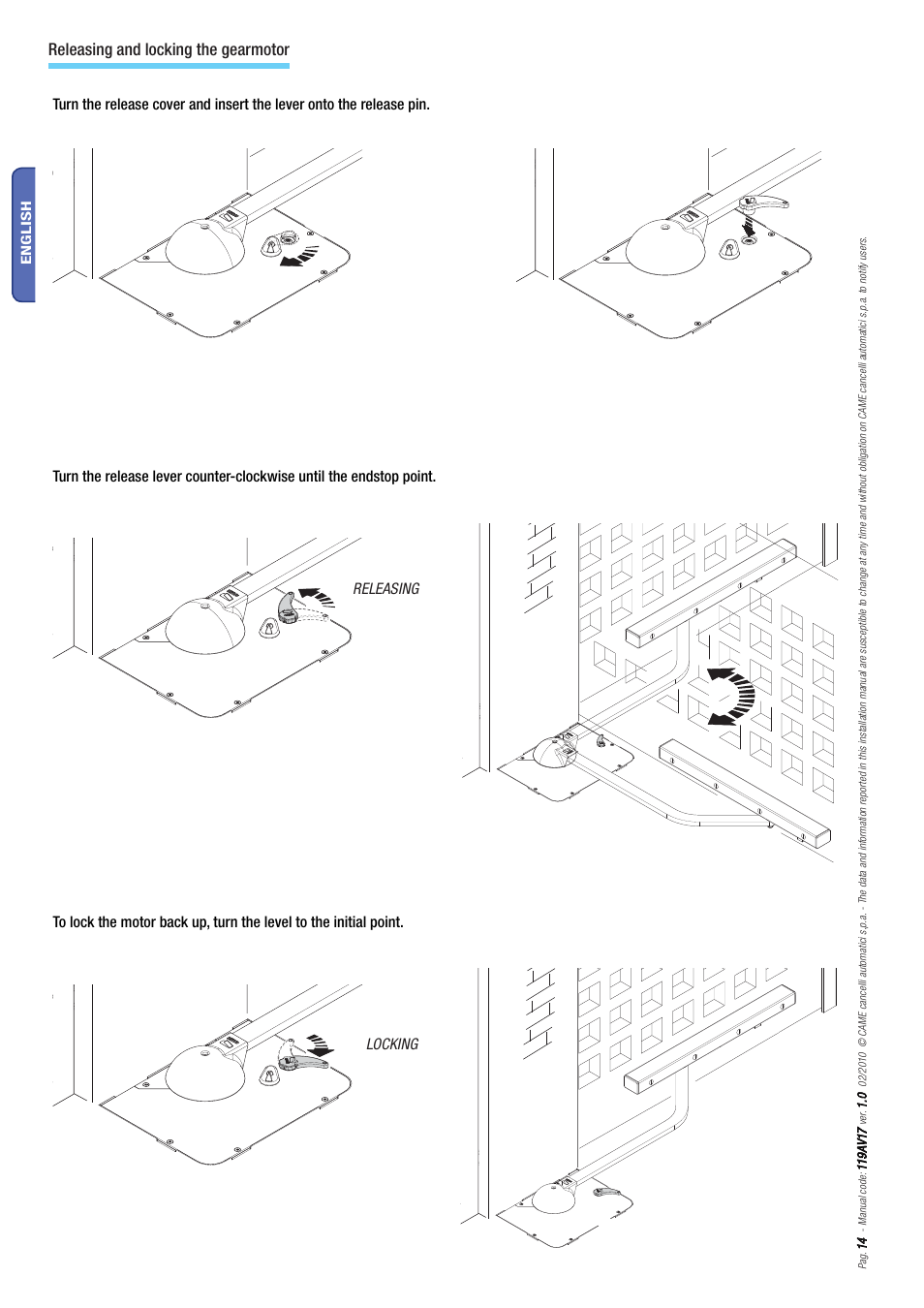 Releasing and locking the gearmotor, Releasing locking | CAME Myto ME User Manual | Page 14 / 20