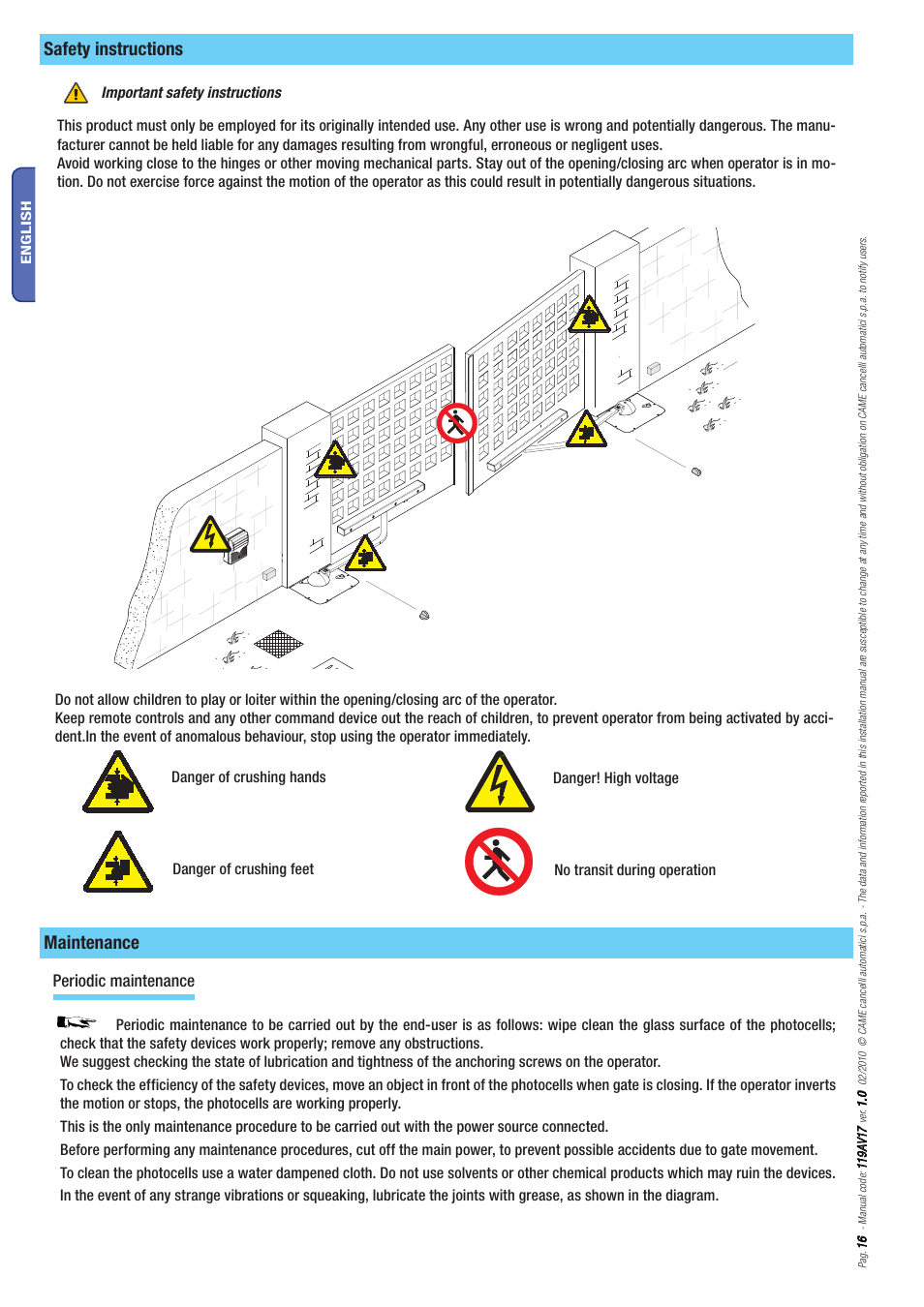 Safety instructions, Maintenance, Periodic maintenance | Important safety instructions | CAME Myto ME User Manual | Page 16 / 20