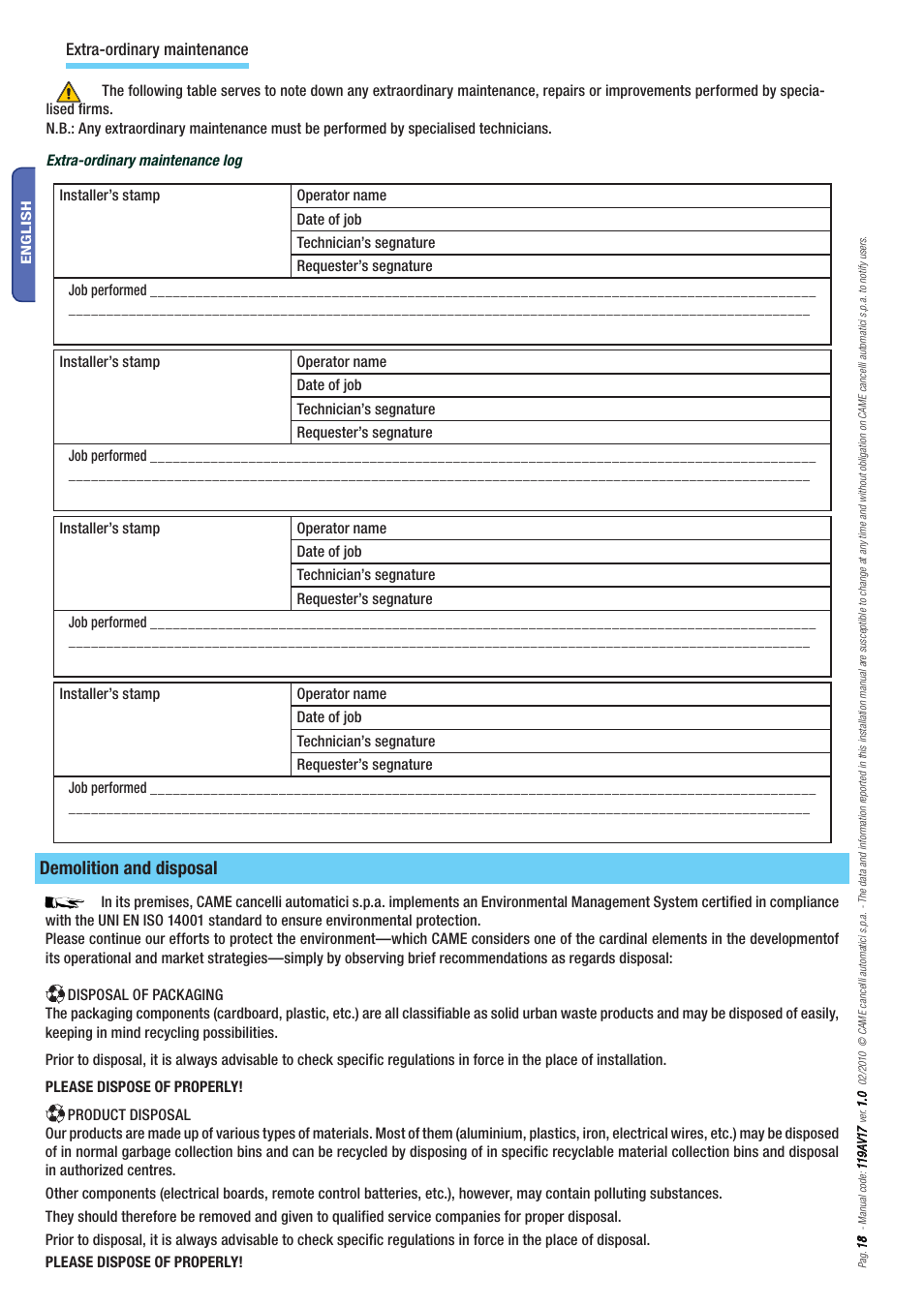 Demolition and disposal, Extra-ordinary maintenance | CAME Myto ME User Manual | Page 18 / 20