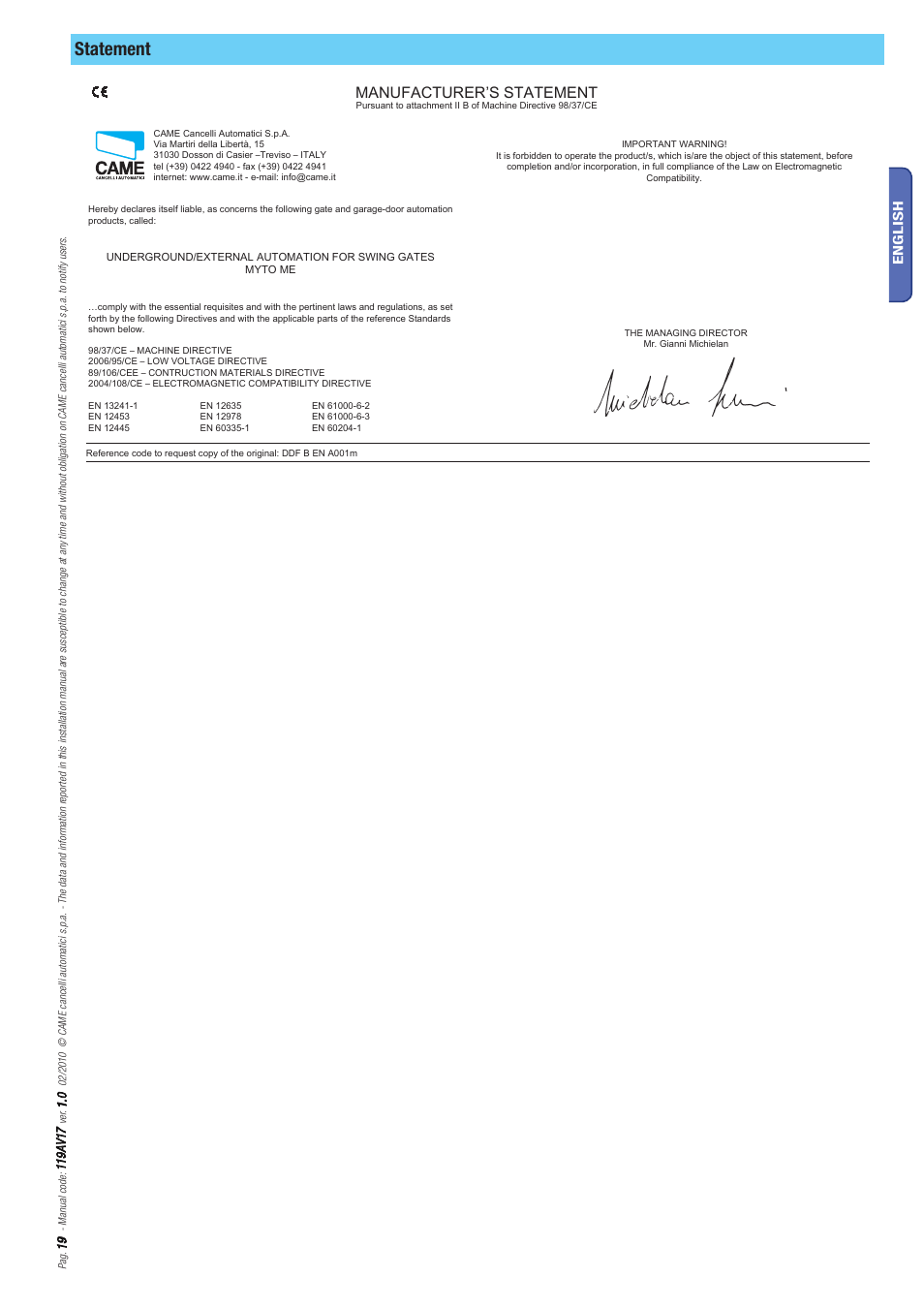 Statement, Manufacturer’s statement | CAME Myto ME User Manual | Page 19 / 20