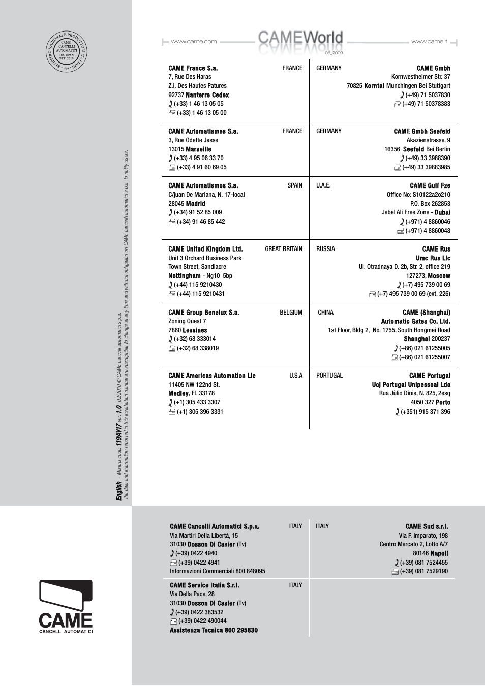 CAME Myto ME User Manual | Page 20 / 20