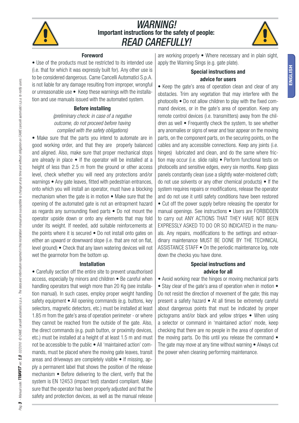 Warning, Read carefully, Important instructions for the safety of people | CAME Myto ME User Manual | Page 3 / 20
