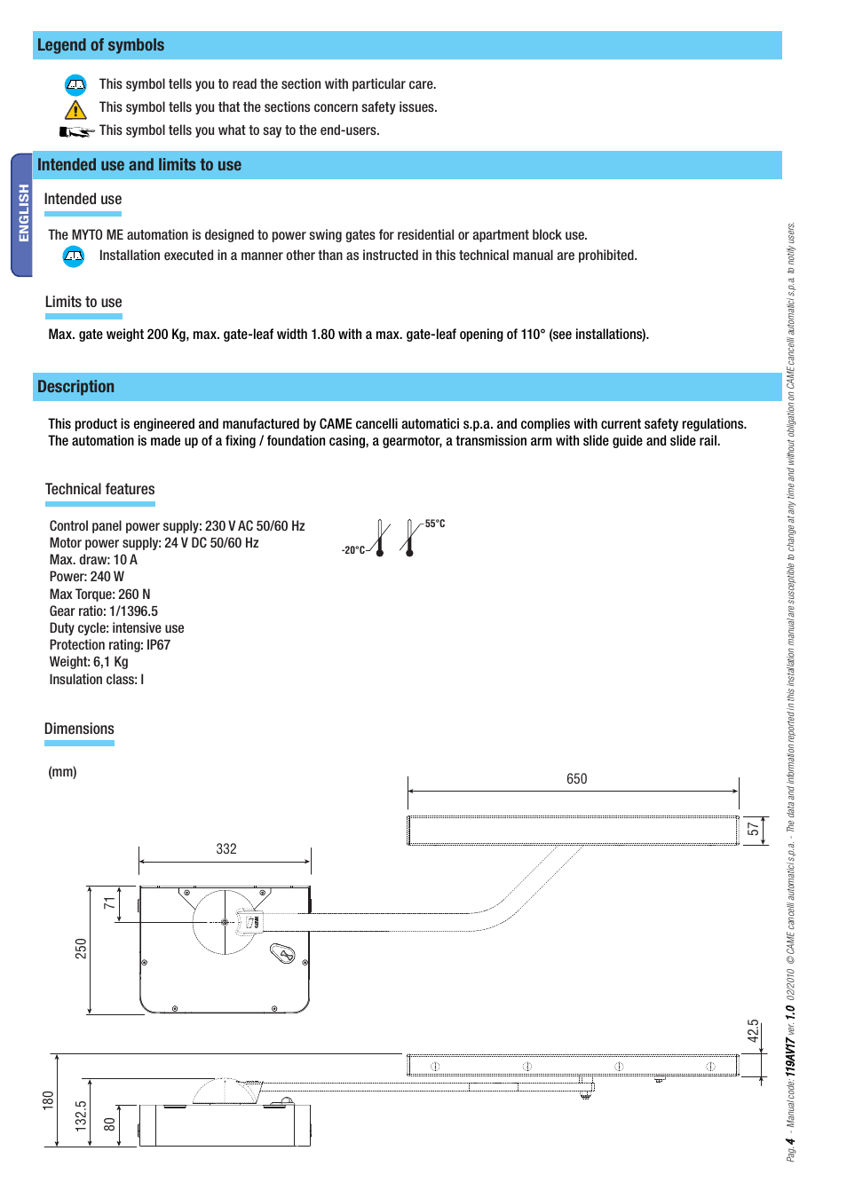 Legend of symbols, Description intended use and limits to use, Intended use | Technical features dimensions limits to use | CAME Myto ME User Manual | Page 4 / 20