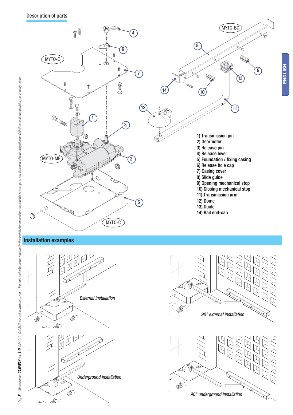 Installation examples, Description of parts | CAME Myto ME User Manual | Page 5 / 20