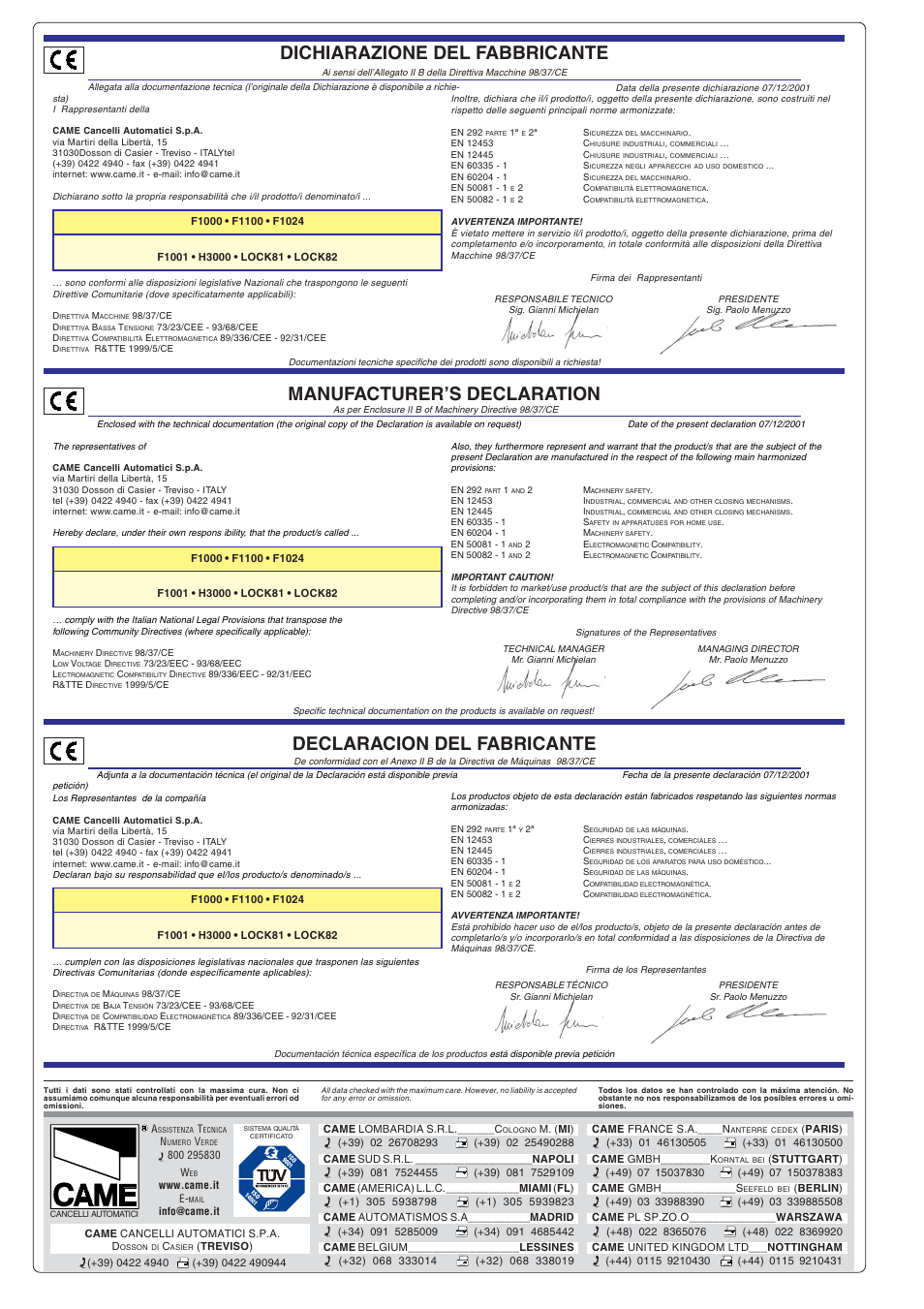 Dichiarazione del fabbricante, Manufacturer’s declaration, Declaracion del fabricante | CAME Ferni 230v User Manual | Page 12 / 12