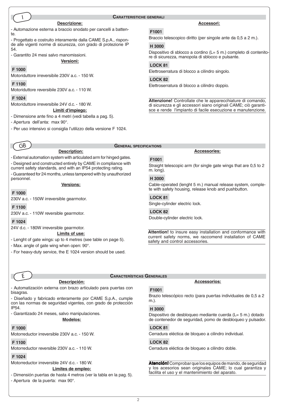 CAME Ferni 230v User Manual | Page 2 / 12