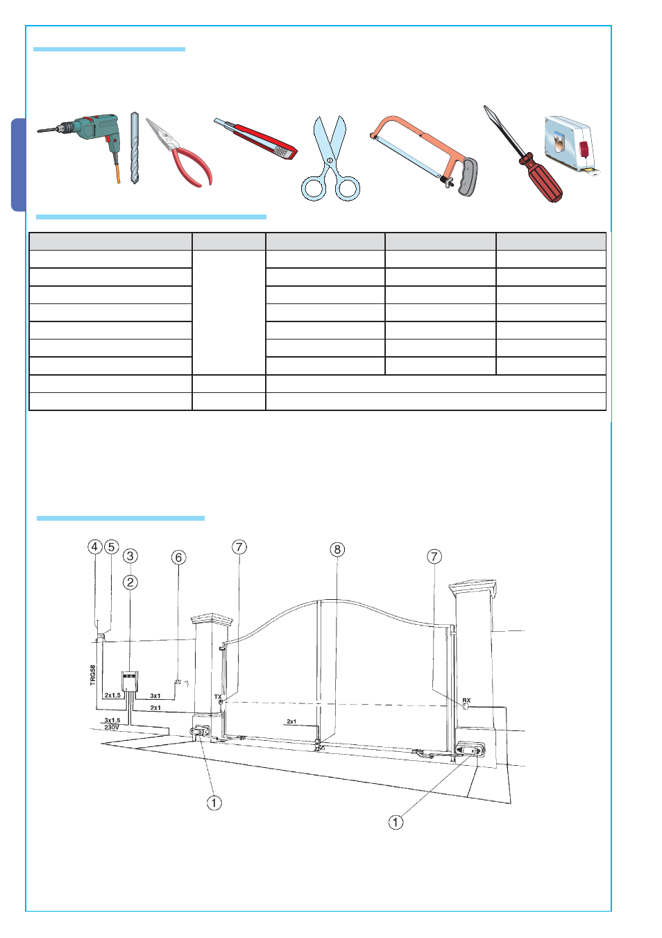 English, 2 tools and materials, 3 cable list and minimum thickness | 4 standard installation | CAME Ferni 24v User Manual | Page 4 / 12