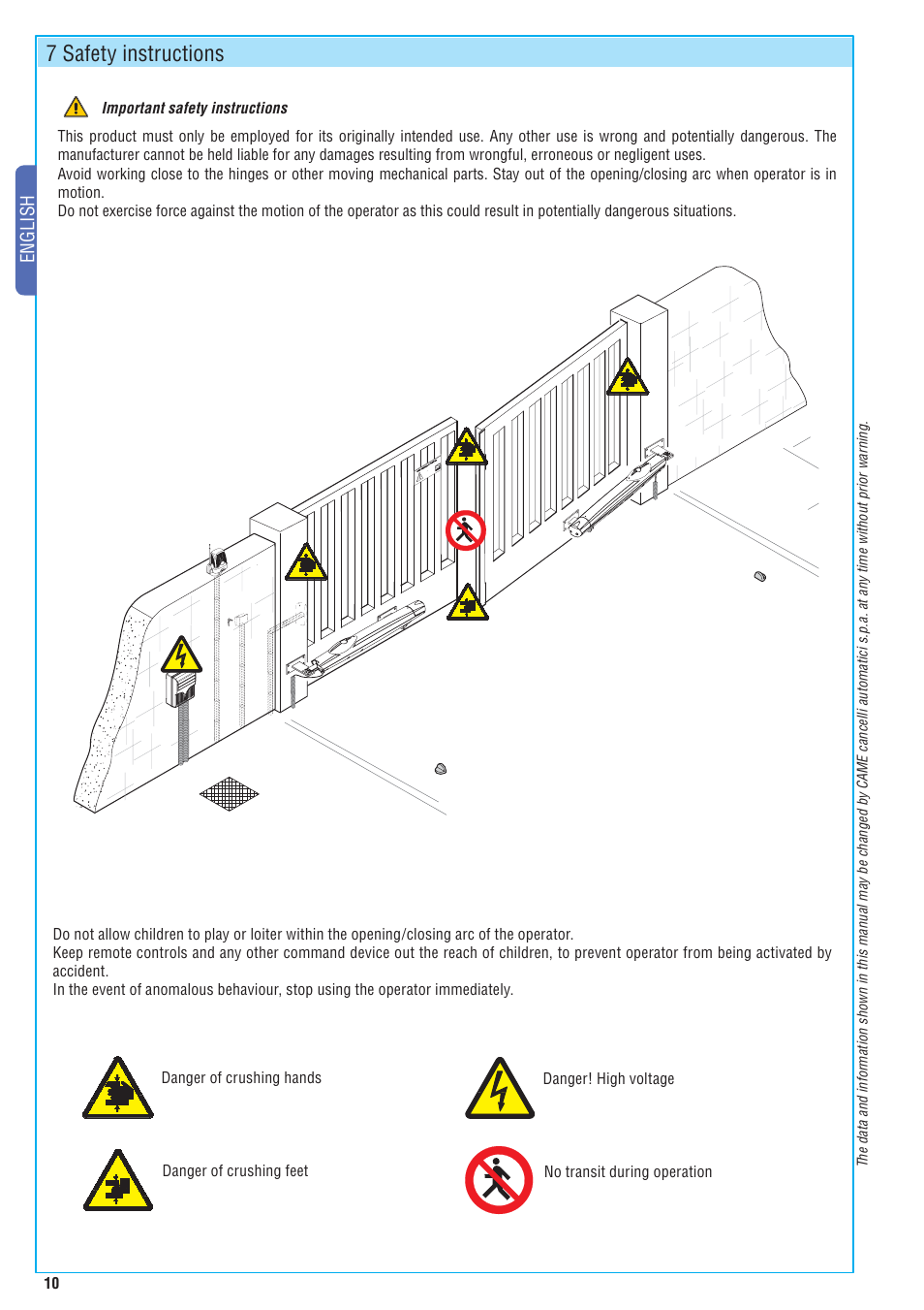 7 safety instructions, English | CAME Amico-S230 Kit User Manual | Page 10 / 14