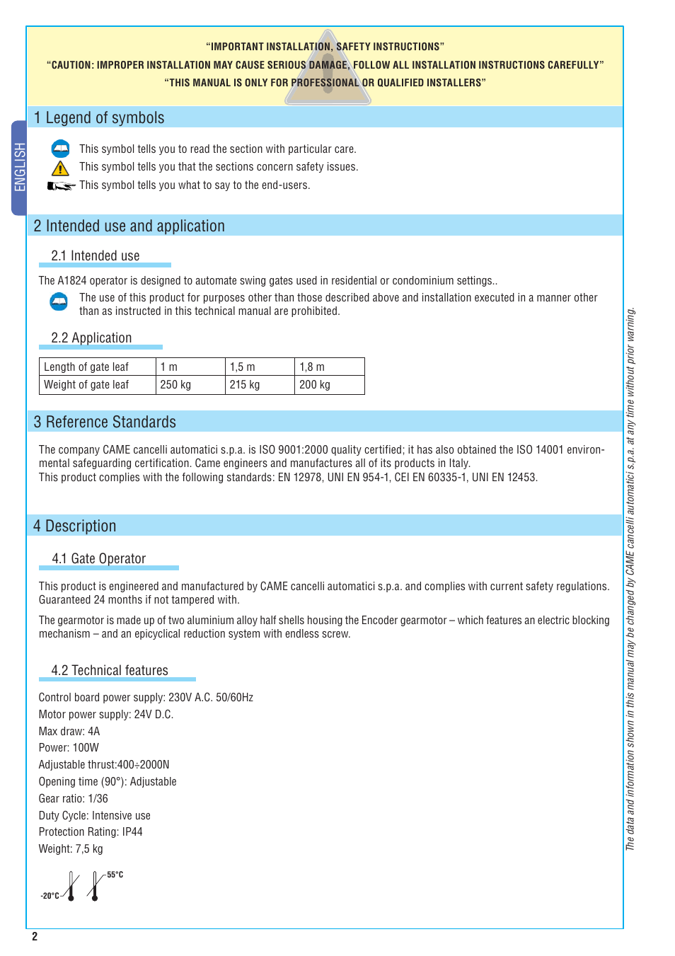 4 description, 1 legend of symbols, 2 intended use and application | 3 reference standards, English 4.1 gate operator, 1 intended use, 2 application, 2 technical features | CAME Amico-S230 Kit User Manual | Page 2 / 14