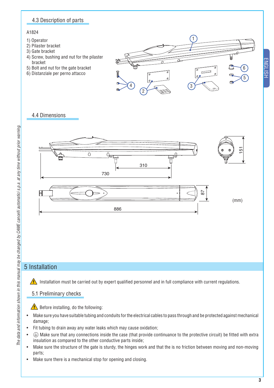 5 installation, English 4.4 dimensions 4.3 description of parts, 1 preliminary checks | CAME Amico-S230 Kit User Manual | Page 3 / 14