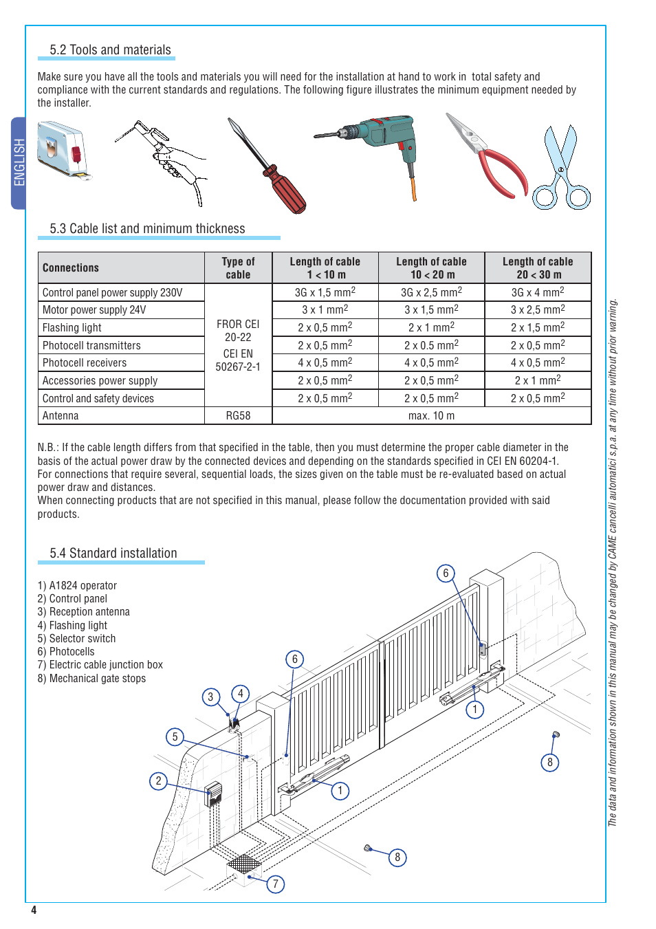English, 3 cable list and minimum thickness, 2 tools and materials | 4 standard installation | CAME Amico-S230 Kit User Manual | Page 4 / 14