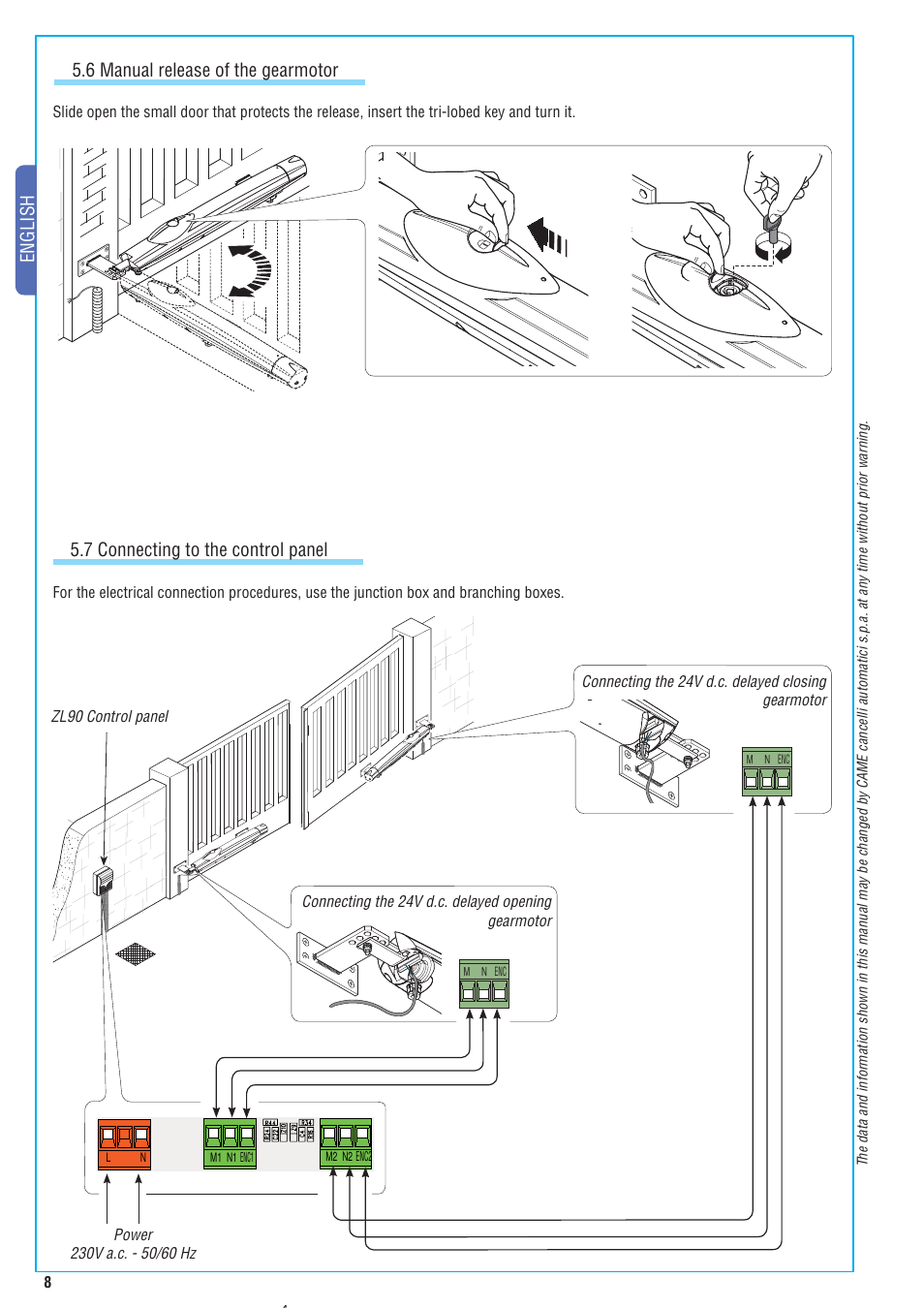 English, 6 manual release of the gearmotor, 7 connecting to the control panel | CAME Amico-S230 Kit User Manual | Page 8 / 14
