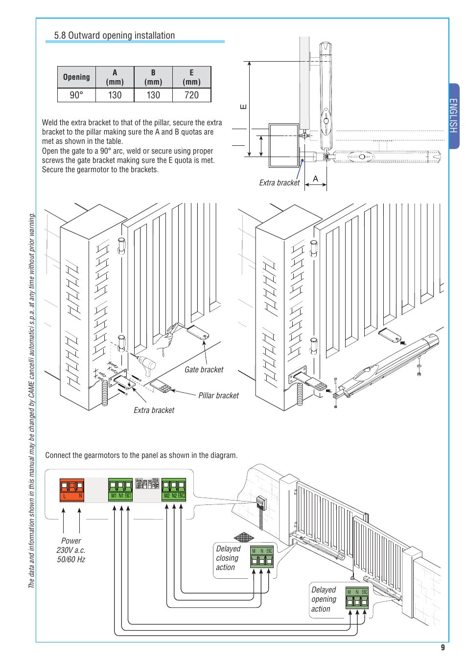 English 5.8 outward opening installation | CAME Amico-S230 Kit User Manual | Page 9 / 14