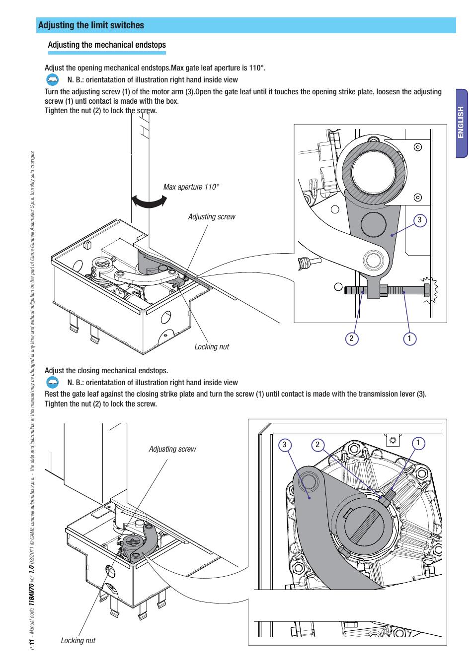 Adjusting the limit switches, Adjusting the mechanical endstops | CAME Frog-PM User Manual | Page 11 / 18
