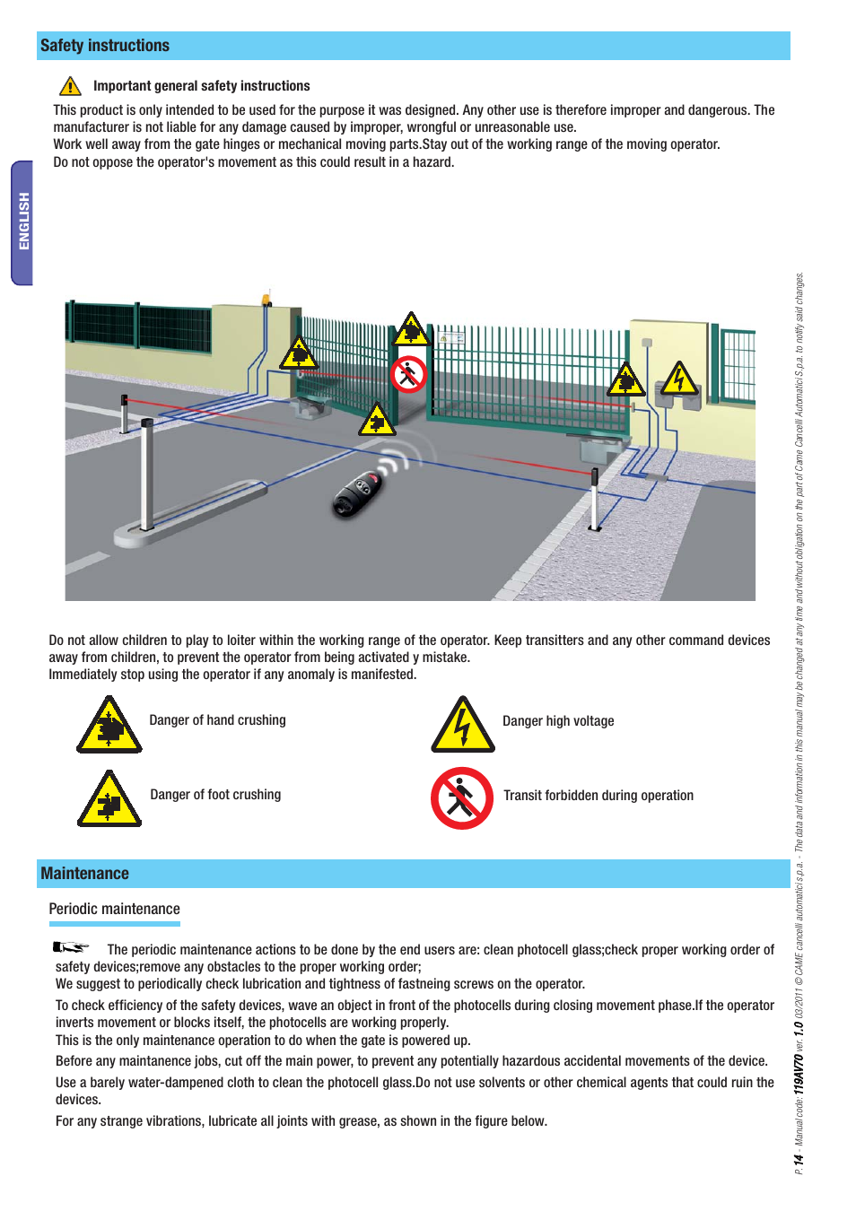 Safety instructions, Maintenance, Periodic maintenance | CAME Frog-PM User Manual | Page 14 / 18