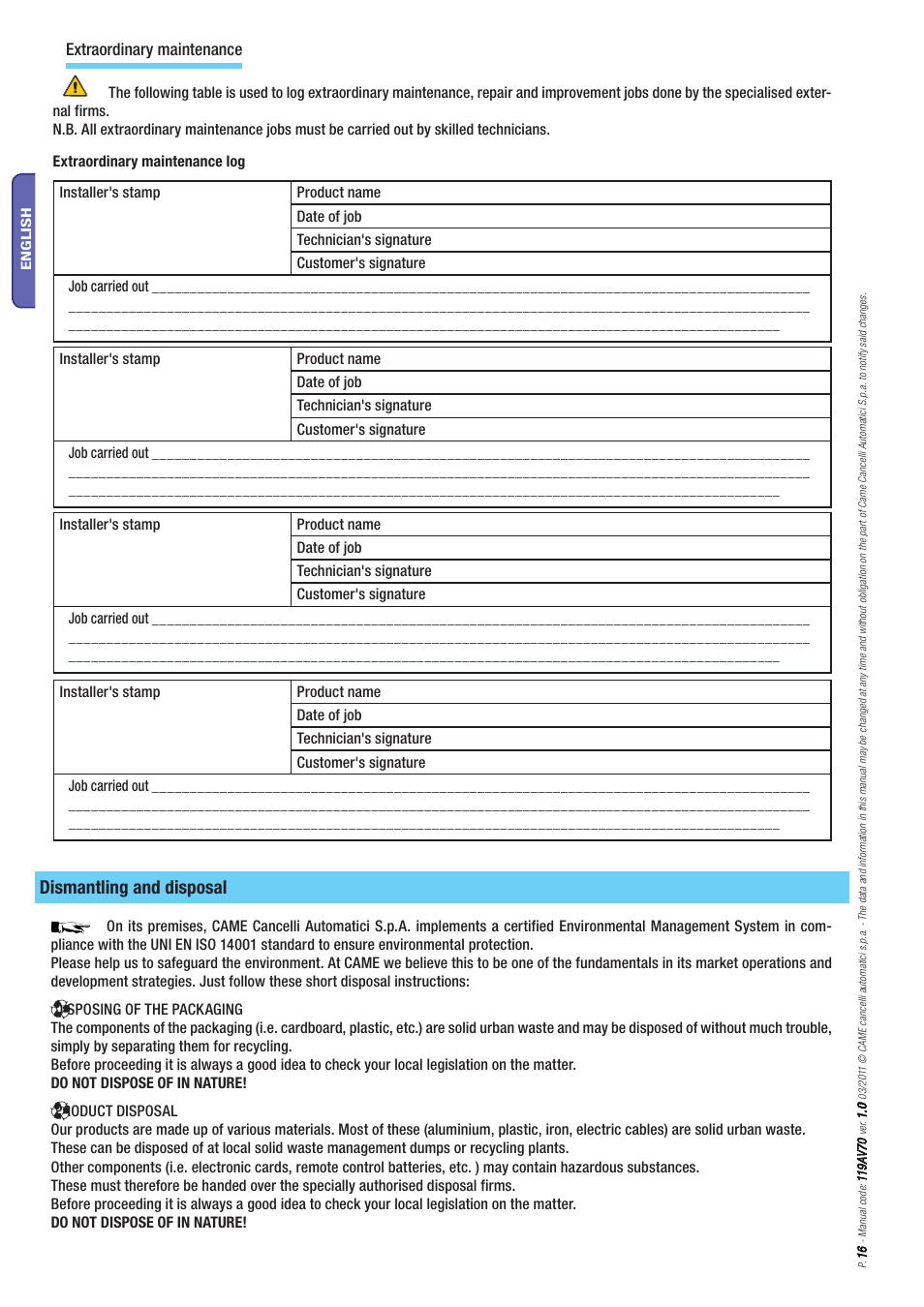 Dismantling and disposal, Extraordinary maintenance | CAME Frog-PM User Manual | Page 16 / 18