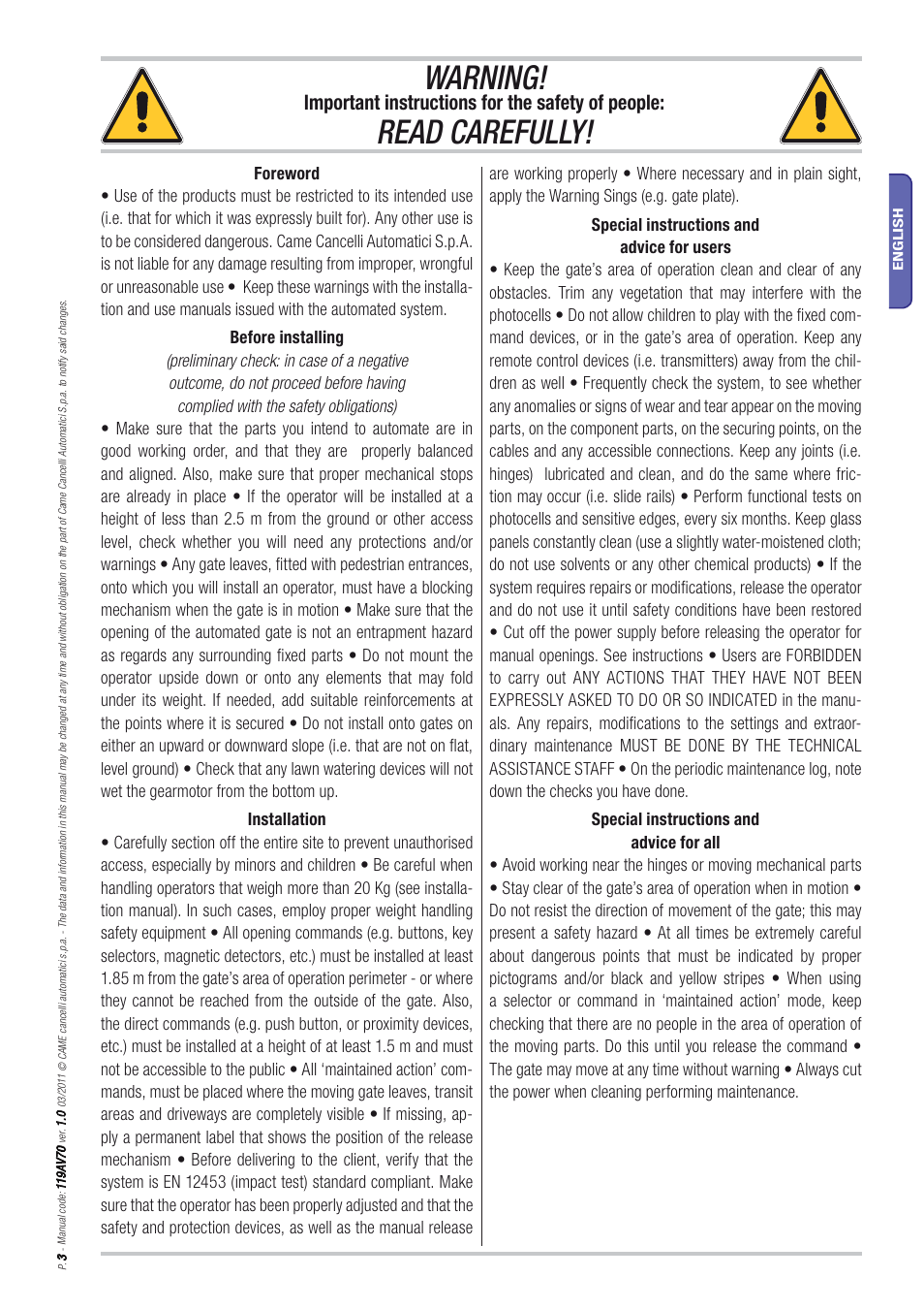 Warning, Read carefully, Important instructions for the safety of people | CAME Frog-PM User Manual | Page 3 / 18
