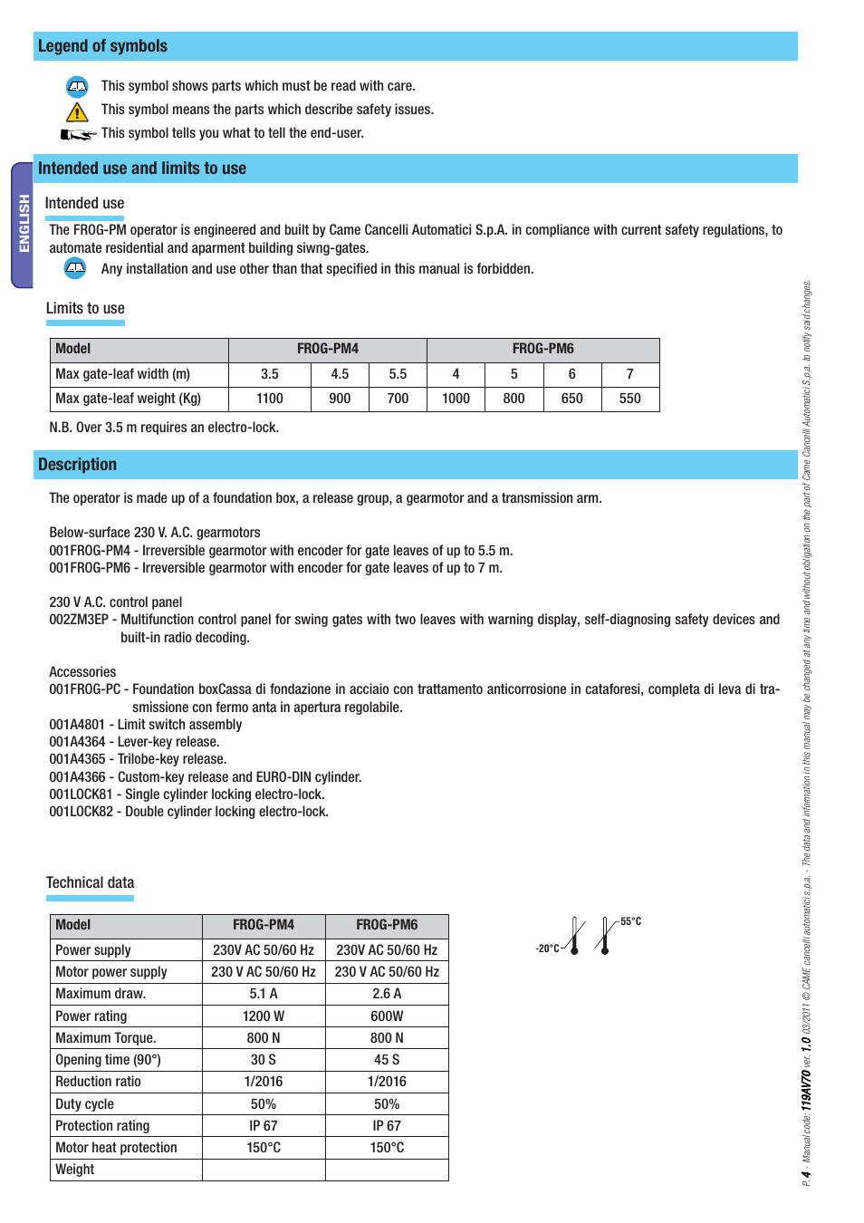 Legend of symbols, Description intended use and limits to use, Intended use | Technical data limits to use | CAME Frog-PM User Manual | Page 4 / 18