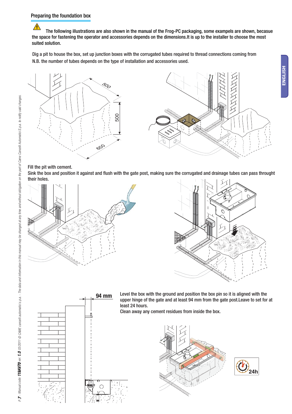94 mm, Preparing the foundation box | CAME Frog-PM User Manual | Page 7 / 18
