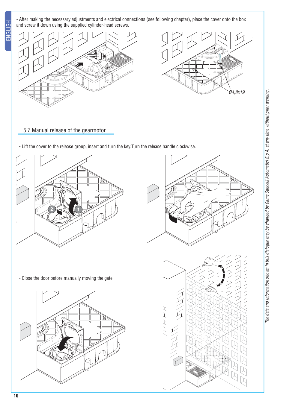 English, 7 manual release of the gearmotor | CAME FrogJ-S Kit User Manual | Page 10 / 16