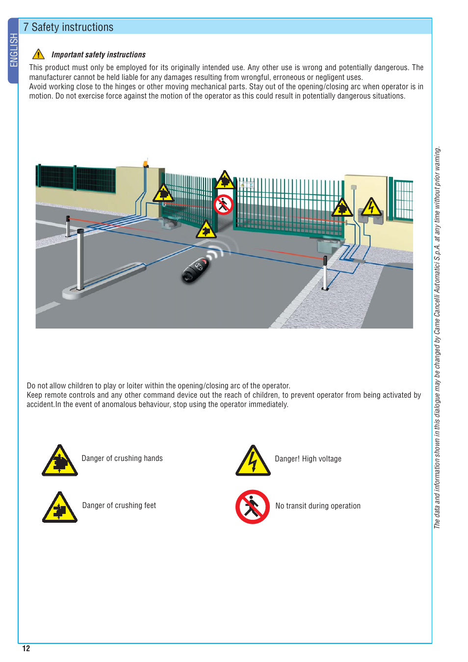 7 safety instructions, English | CAME FrogJ-S Kit User Manual | Page 12 / 16