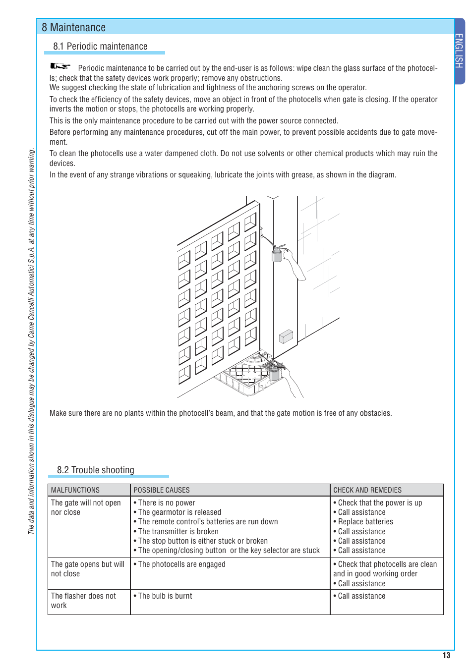 8 maintenance, English, 1 periodic maintenance | 2 trouble shooting | CAME FrogJ-S Kit User Manual | Page 13 / 16