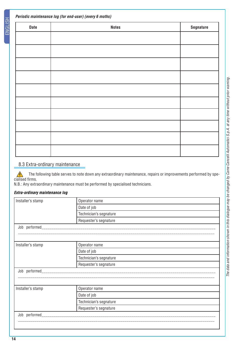 English, 3 extra-ordinary maintenance | CAME FrogJ-S Kit User Manual | Page 14 / 16