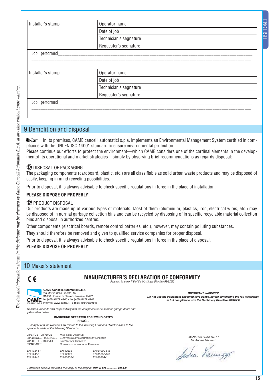 9 demolition and disposal, English, Manufacturer’s declaration of conformity | Maker’s statement | CAME FrogJ-S Kit User Manual | Page 15 / 16