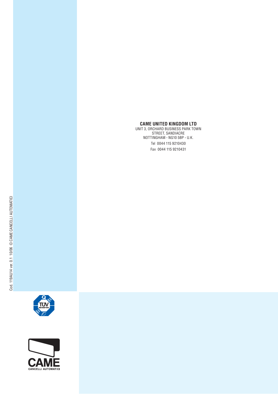 Came united kingdom ltd | CAME FrogJ-S Kit User Manual | Page 16 / 16