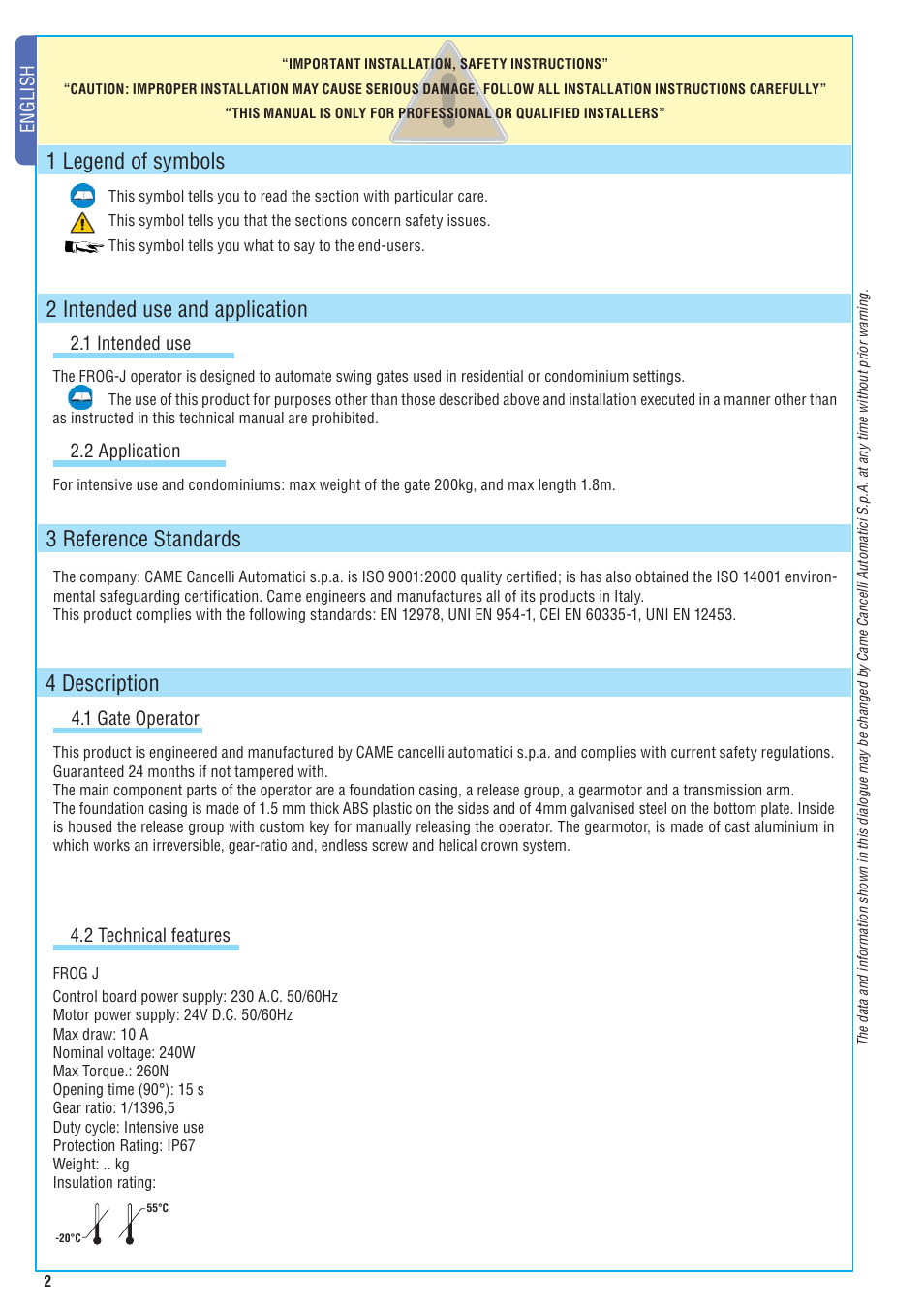4 description, 1 legend of symbols, 2 intended use and application | 3 reference standards, English, 1 gate operator, 1 intended use, 2 application, 2 technical features | CAME FrogJ-S Kit User Manual | Page 2 / 16