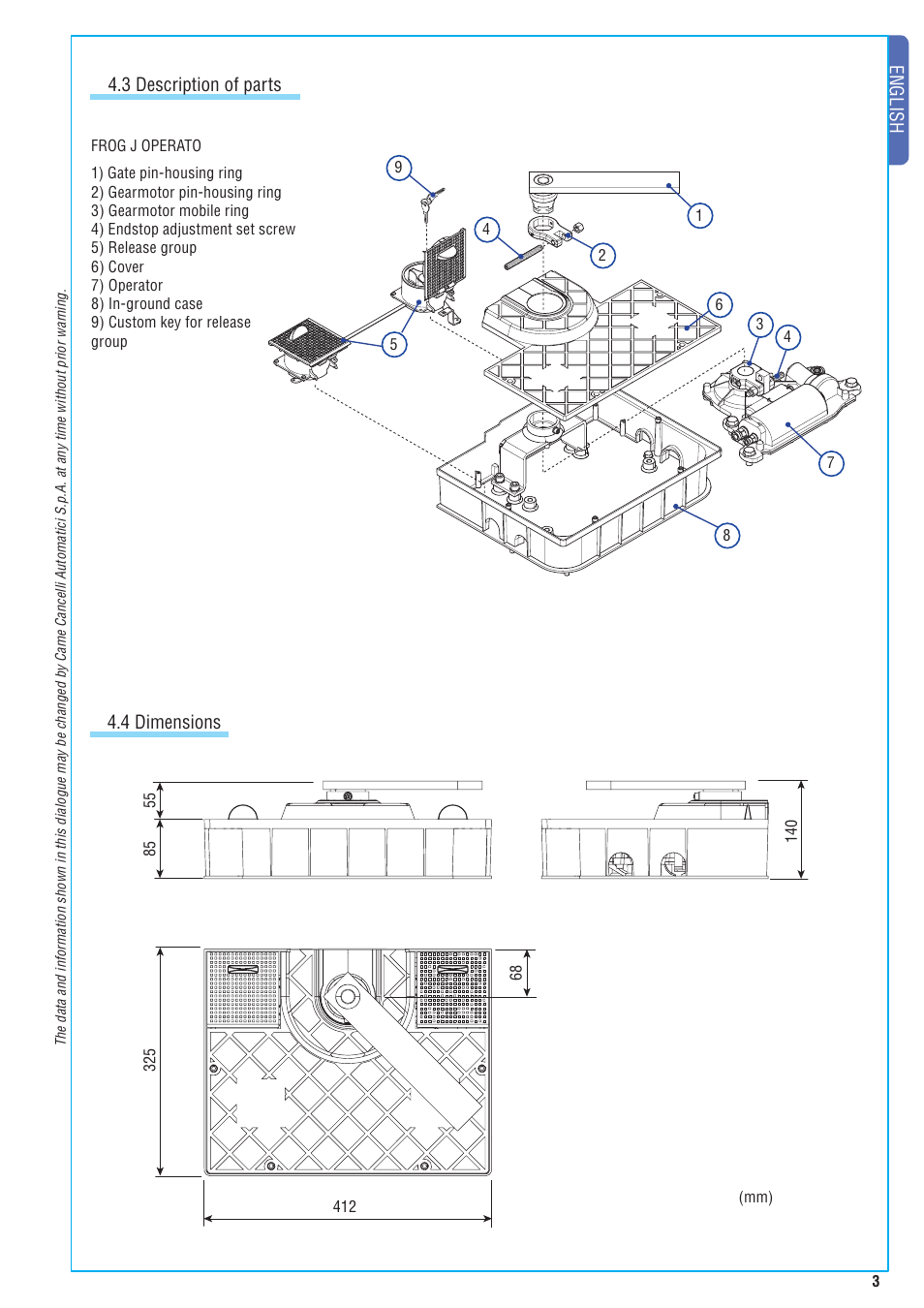English, 4 dimensions 4.3 description of parts | CAME FrogJ-S Kit User Manual | Page 3 / 16