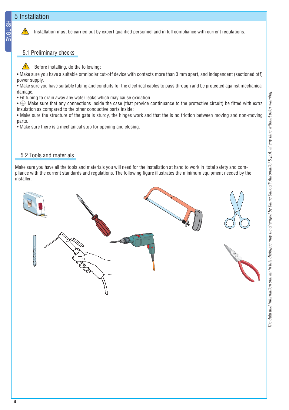 5 installation, English, 2 tools and materials | 1 preliminary checks | CAME FrogJ-S Kit User Manual | Page 4 / 16