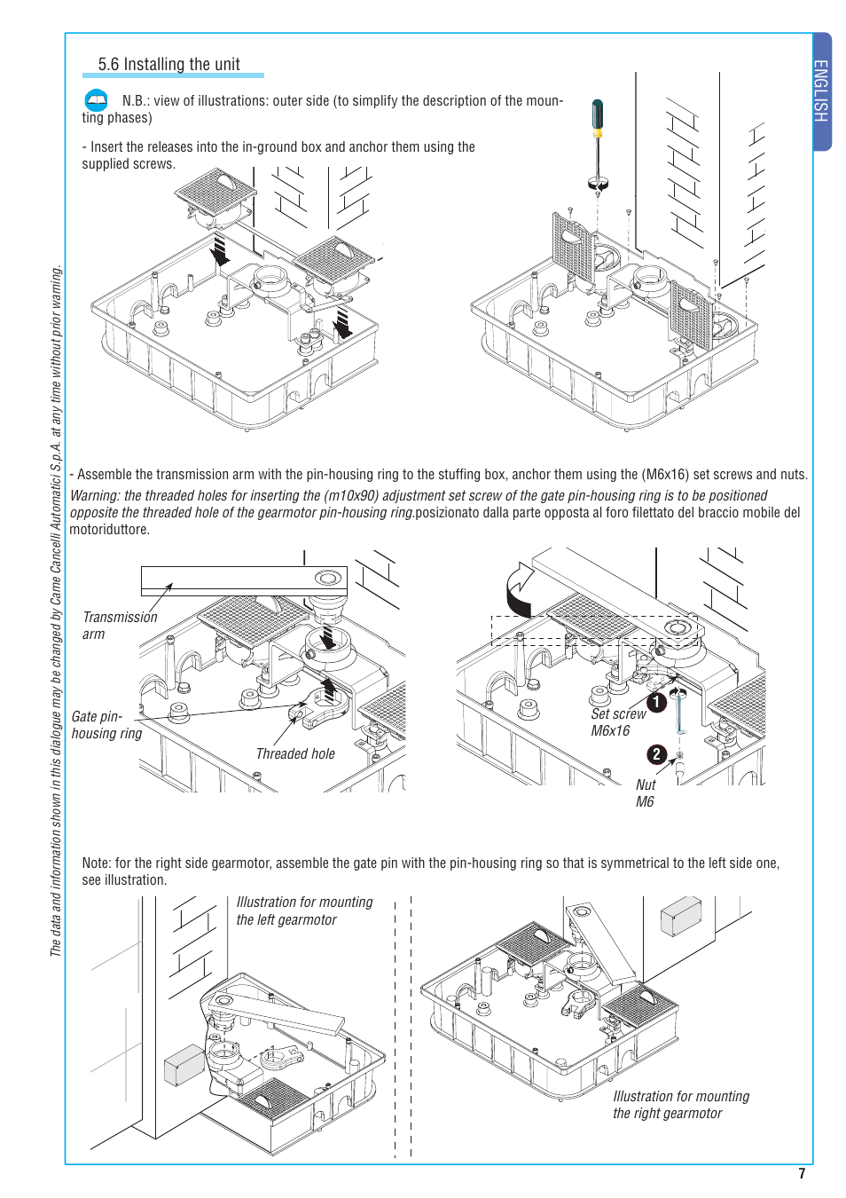 English, 6 installing the unit | CAME FrogJ-S Kit User Manual | Page 7 / 16