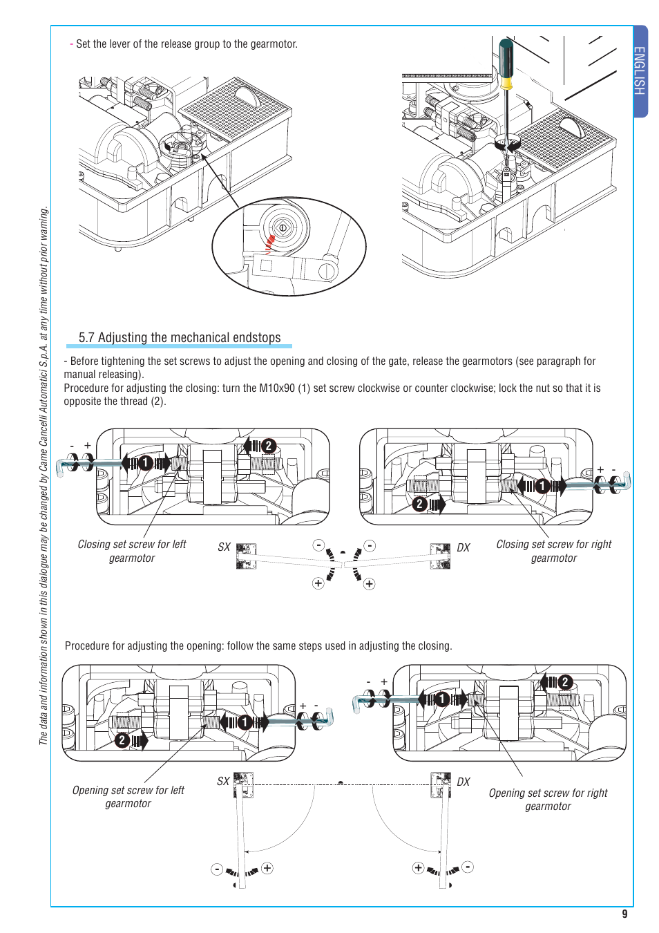 English, 7 adjusting the mechanical endstops | CAME FrogJ-S Kit User Manual | Page 9 / 16