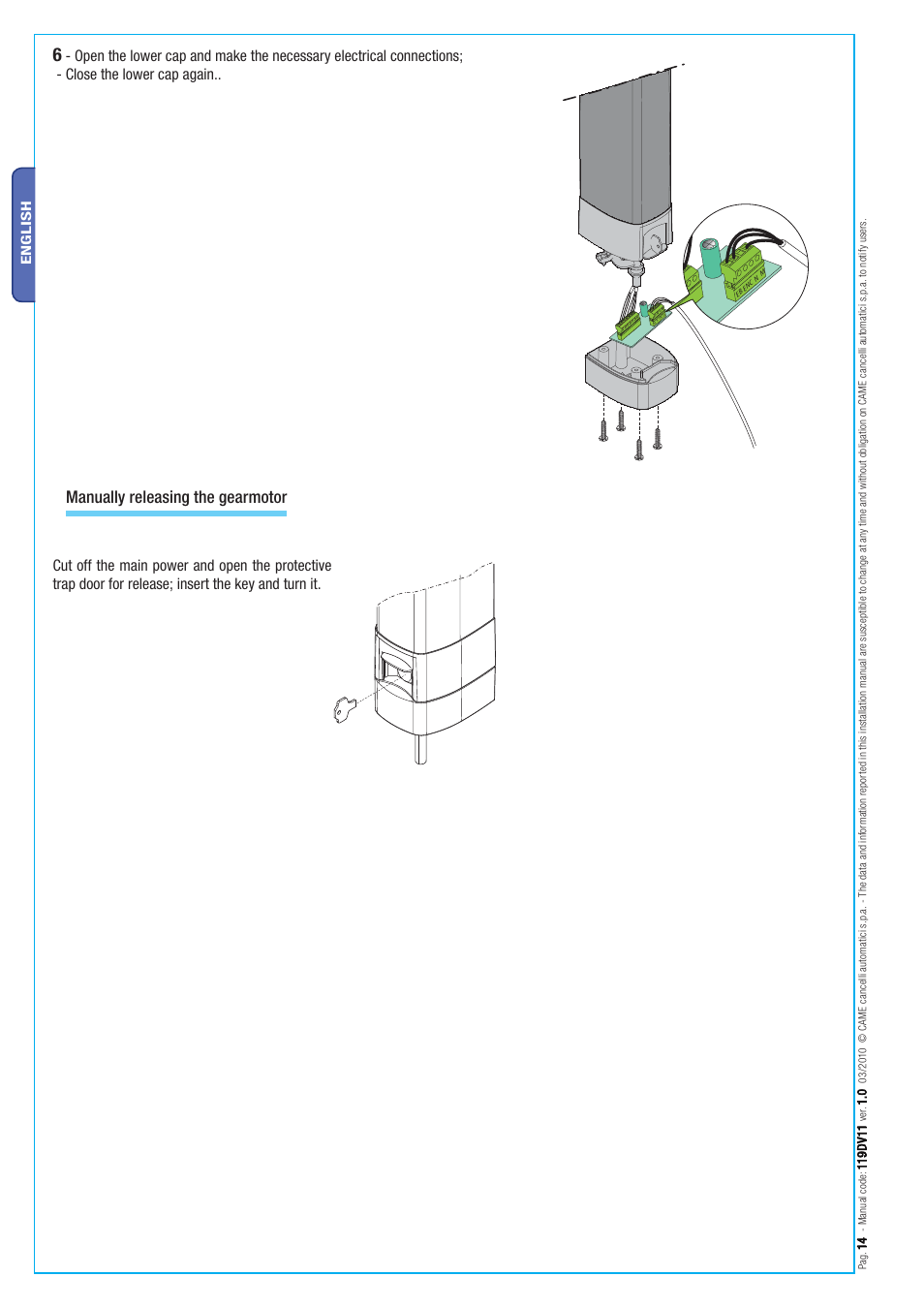 Manually releasing the gearmotor | CAME Stylo User Manual | Page 14 / 20