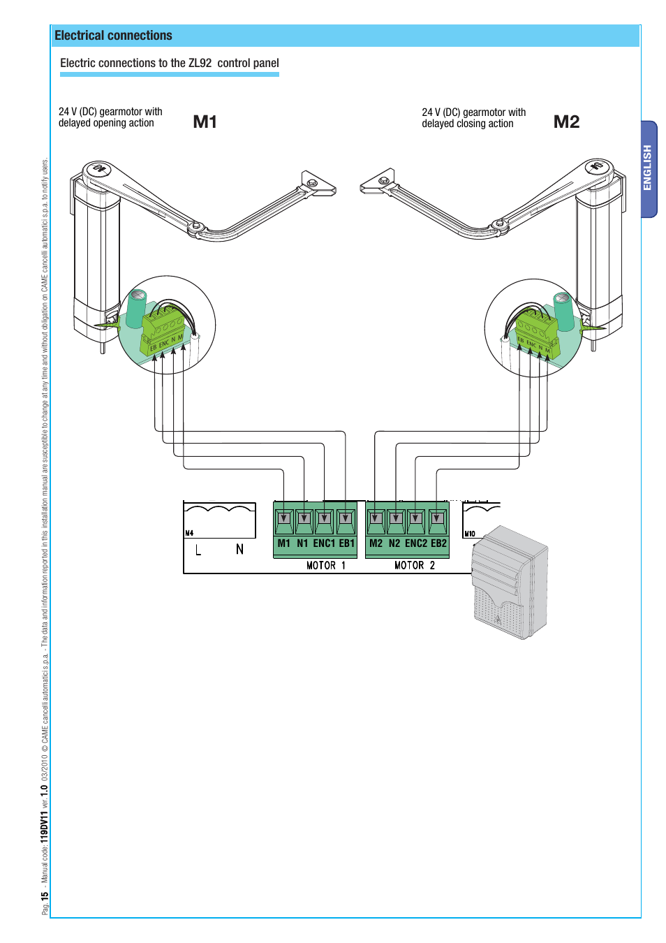 M1 m2, Electrical connections, Electric connections to the zl92 control panel | CAME Stylo User Manual | Page 15 / 20