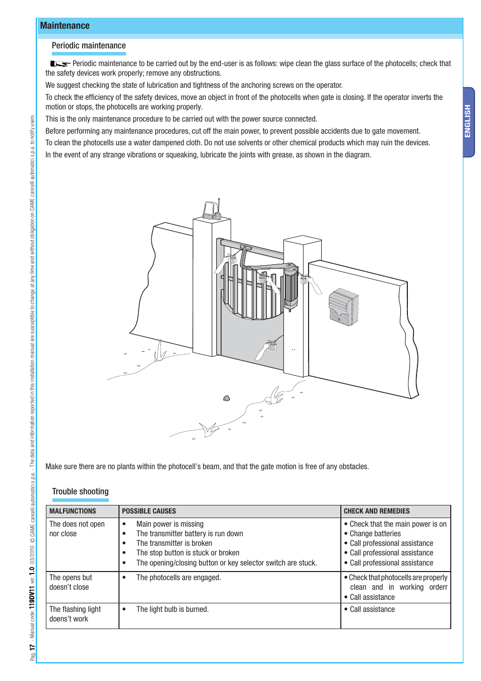 Maintenance, Periodic maintenance, Trouble shooting | CAME Stylo User Manual | Page 17 / 20